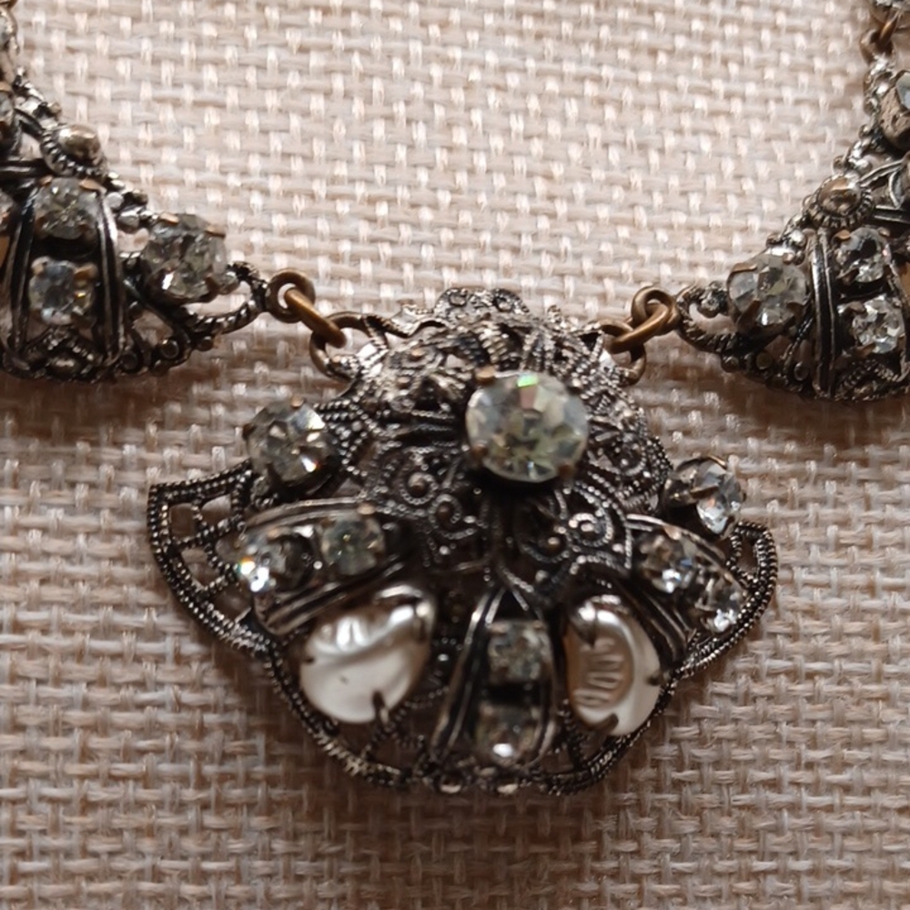 Western Germany Clear Rhinestone and Filigree Pearl Necklace - Picture 8 of 12